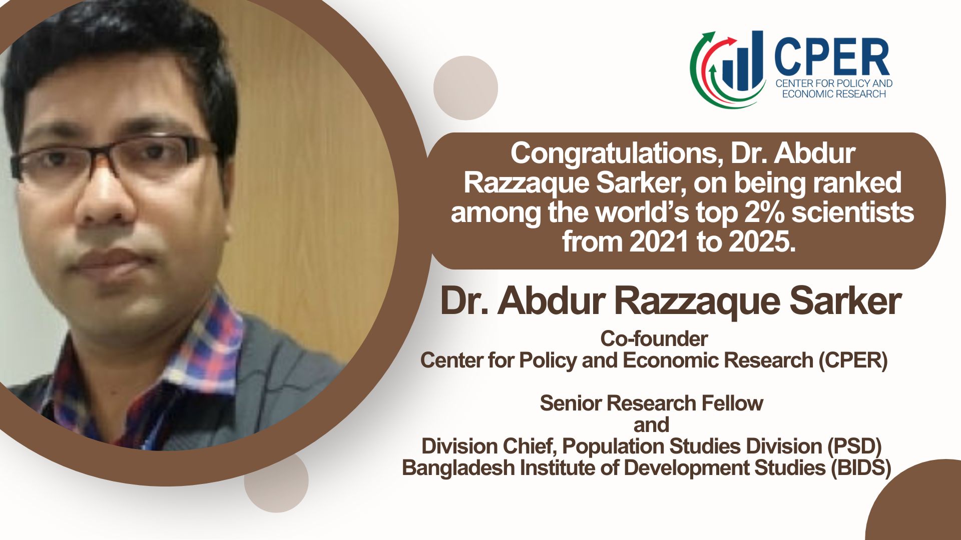 Dr. Abdur Razzaque Sarker Ranked Among the World’s Top 2% Scientists (2021–2025)