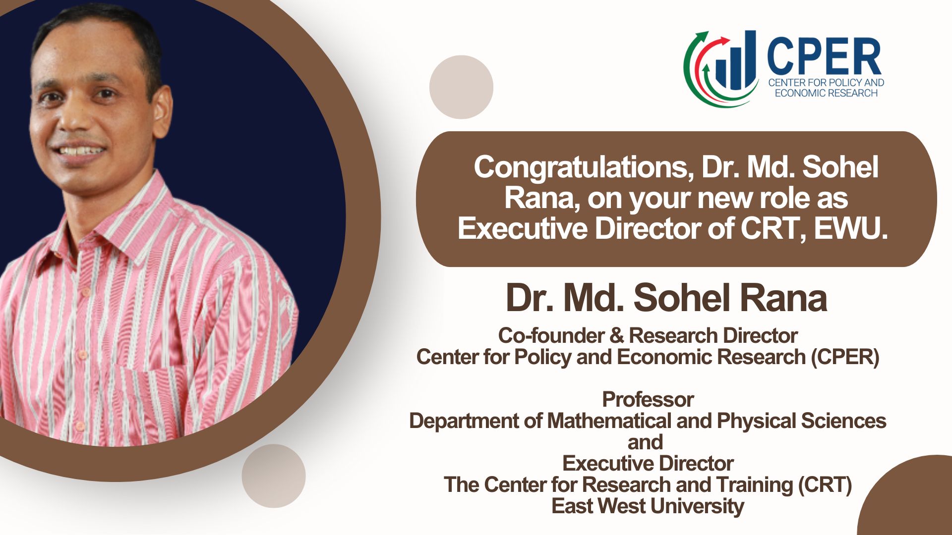 Congratulations to Dr. Md. Sohel Rana on His Appointment as Executive Director of CRT, EWU